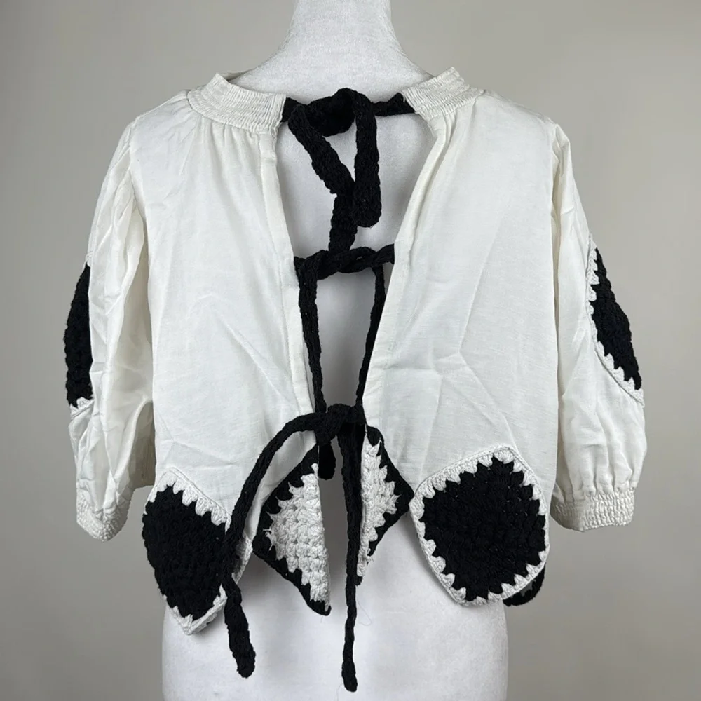 Anthropologie Bow-Back Crochet Crop Top in Black & White One Size